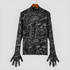 Abstract faces print glove-sleeved top - Y2k Empire