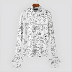 Abstract faces print glove-sleeved top - Y2k Empire