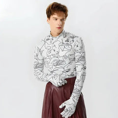 Abstract faces print glove-sleeved top - Y2k Empire