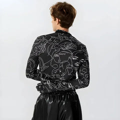 Abstract faces print glove-sleeved top - Y2k Empire