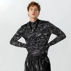 Abstract faces print glove-sleeved top - Y2k Empire