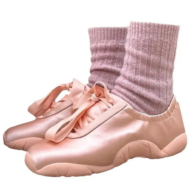 Balletcore satin bow sneakers in vegan leather - Y2k Empire