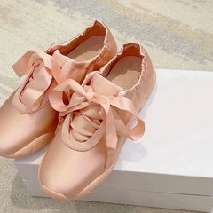 Balletcore satin bow sneakers in vegan leather - Y2k Empire