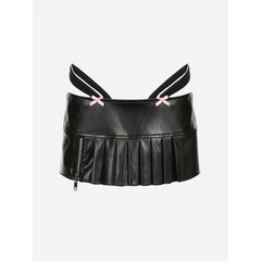 Black faux leather skirt with zipper slit and pink bows - Y2k Empire