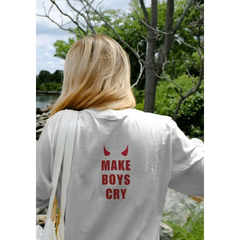 Bold red make boys cry t-shirt - Y2k Empire