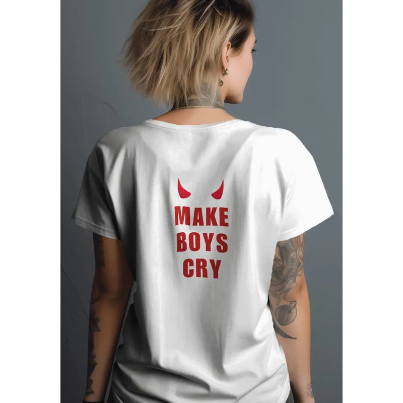 Bold red make boys cry t-shirt - Y2k Empire