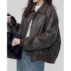 Brown leather bomber jacket in multiple sizes - Y2k Empire