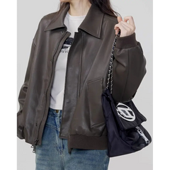 Brown leather bomber jacket in multiple sizes - Y2k Empire