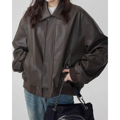 Brown leather bomber jacket in multiple sizes - Y2k Empire