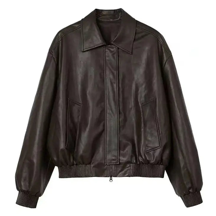 Brown leather bomber jacket in multiple sizes - Y2k Empire