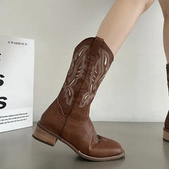 Brown vegan leather cowboy boots - Y2k Empire