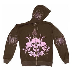 Brown y2k zip up hoodie with rhinestone skull & spider motifs - Y2k Empire