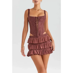 Burgundy lace corset mini skirt set - Y2k Empire