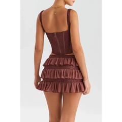 Burgundy lace corset mini skirt set - Y2k Empire