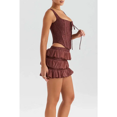 Burgundy lace corset mini skirt set - Y2k Empire