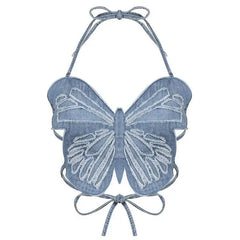 Butterfly design y2k denim crop top - Y2k Empire