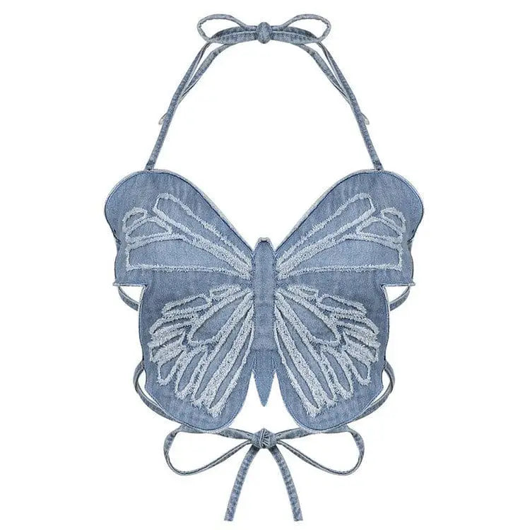 Butterfly design y2k denim crop top - Y2k Empire