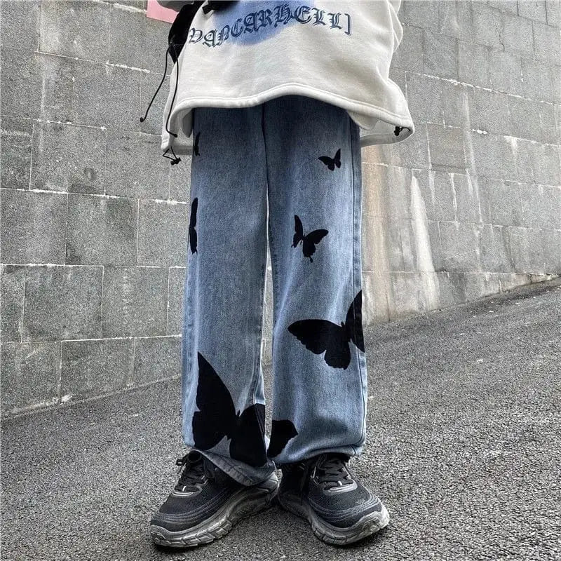 Butterfly print y2k baggy jeans - Y2k Empire