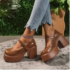 Chunky brown y2k mary jane sandals - Y2k Empire