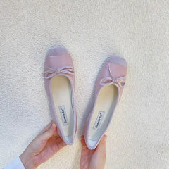 Contrasting texture ballet flats with bow - Y2k Empire