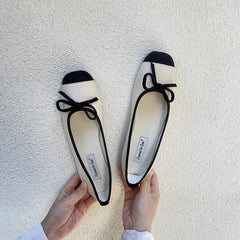 Contrasting texture ballet flats with bow - Y2k Empire