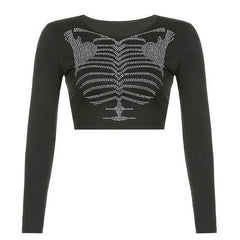 Cropped skeleton rhinestone top with long sleeves - Y2k Empire