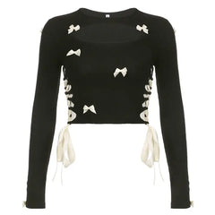 Cut-out ribbed black top with ivory bows - Y2k Empire