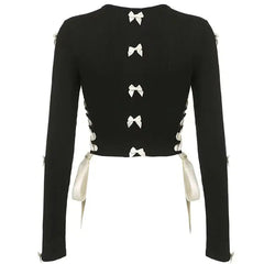 Cut-out ribbed black top with ivory bows - Y2k Empire