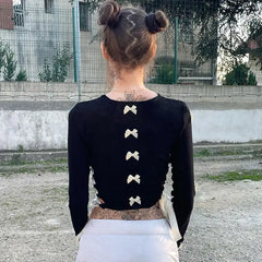 Cut-out ribbed black top with ivory bows - Y2k Empire