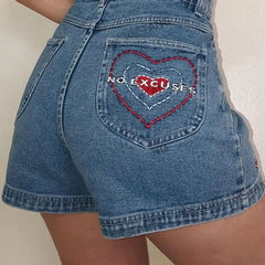 Denim heart embroidered shorts with no excusesdetail - Y2k Empire