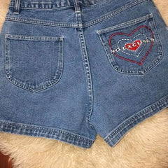 Denim heart embroidered shorts with no excusesdetail - Y2k Empire