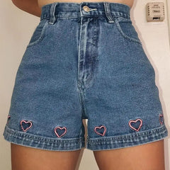 Denim heart embroidered shorts with no excusesdetail - Y2k Empire