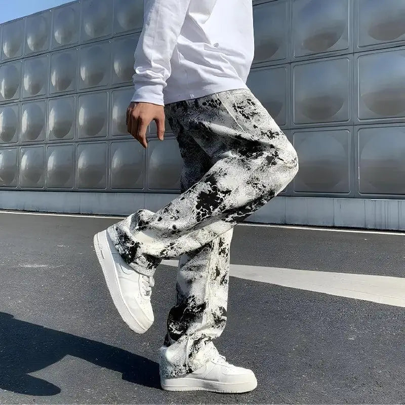 Edgy spray paint-inspired straight leg denim jeans - Y2k Empire