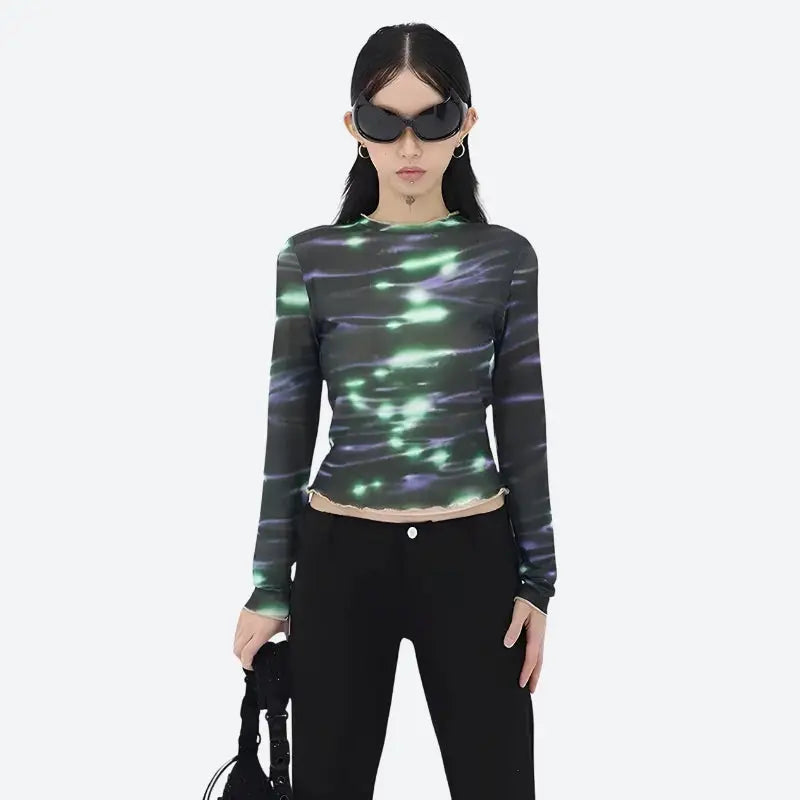 Ethereal green lights cyberpunk mesh top - Y2k Empire