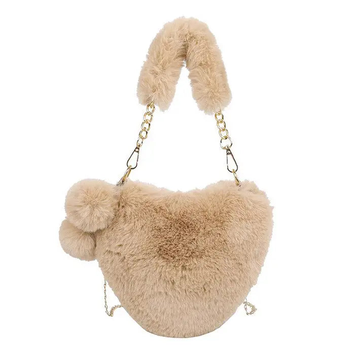 Faux fur heart shaped bag with zippered pocket - Y2k Empire