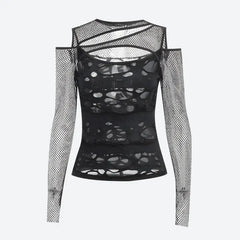 Fishnet-edged distressed top - Y2k Empire