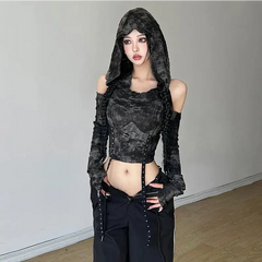 Gothic-chic hooded off-shoulder top - Y2k Empire