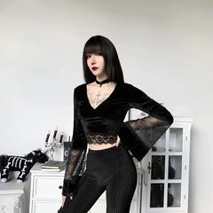 Gothic velvet crop top with flare cuffs - Y2k Empire