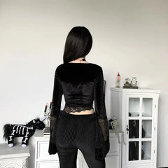 Gothic velvet crop top with flare cuffs - Y2k Empire