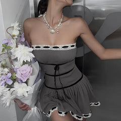 Gray coquette dress with black ribbons and bows - Y2k Empire