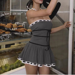 Gray coquette dress with black ribbons and bows - Y2k Empire