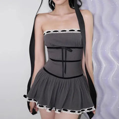 Gray coquette dress with black ribbons and bows - Y2k Empire