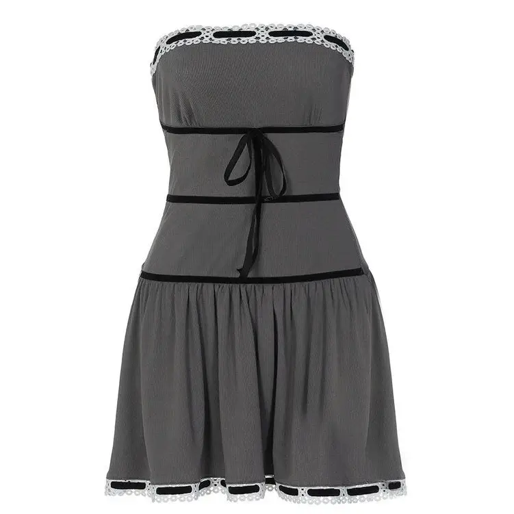 Gray coquette dress with black ribbons and bows - Y2k Empire