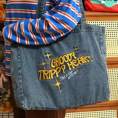 Groovy heart embroidered denim bag - Y2k Empire