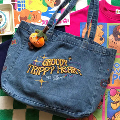 Groovy heart embroidered denim bag - Y2k Empire