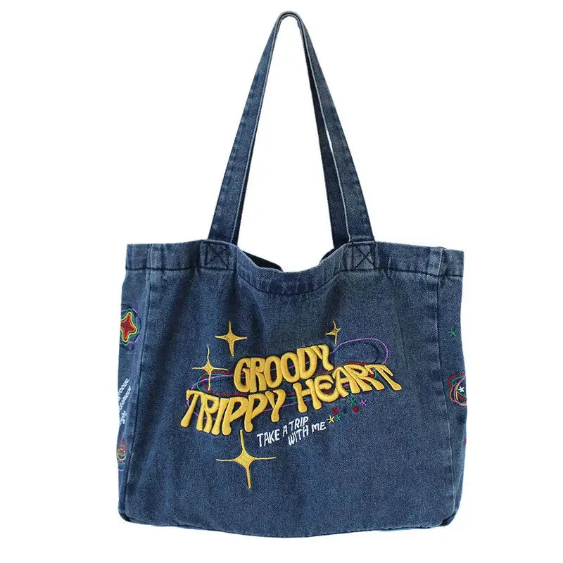 Groovy heart embroidered denim bag - Y2k Empire