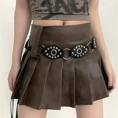 Grunge faux leather skirt with statement belt - Y2k Empire