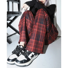 Grunge red plaid pants with loose fit - Y2k Empire