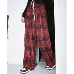 Grunge red plaid pants with loose fit - Y2k Empire