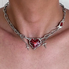 Heart-shaped stone pendant chain necklace - Y2k Empire